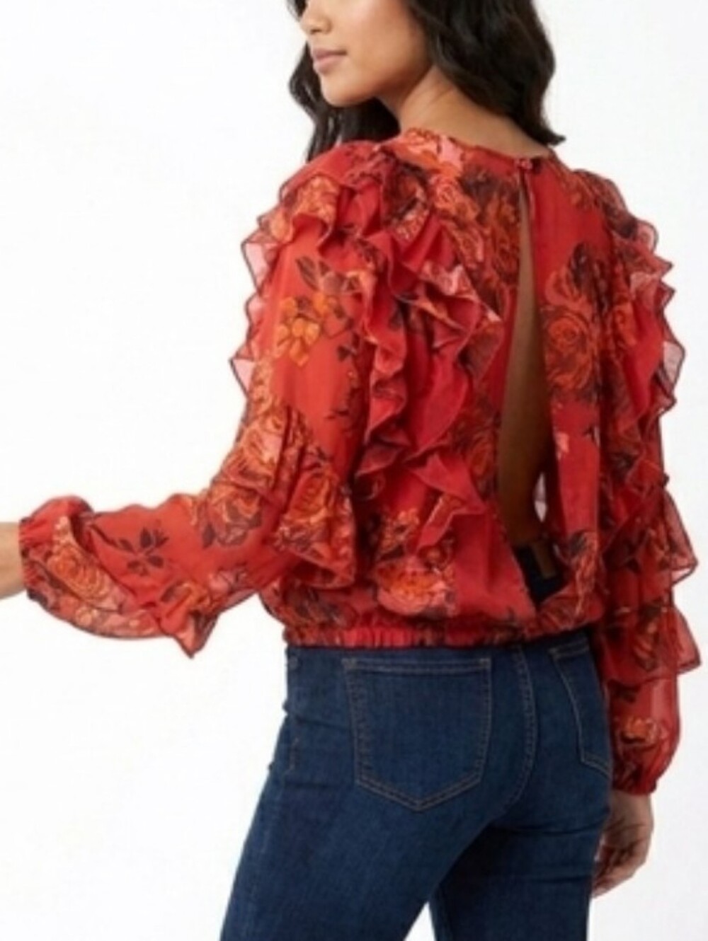 Truth NYC Floral Ruffle Blouse Red Orange Sheer Boho Top XL